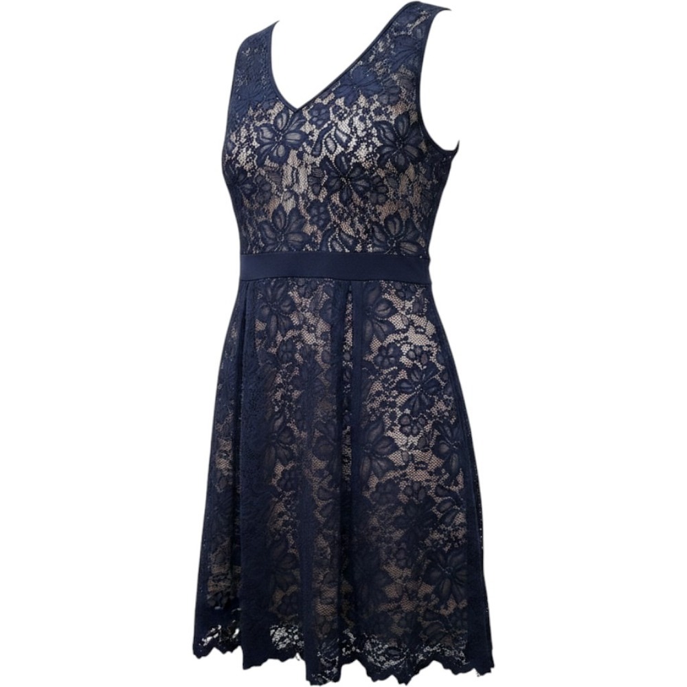 Candakite Navy Blue Floral‎ Lace Fit and Flare Dress Sleeveless Size L DD83143-M